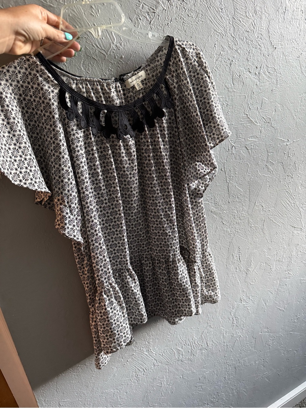 Women’s Boho Print Flutter Sleeve Top with Black Trim